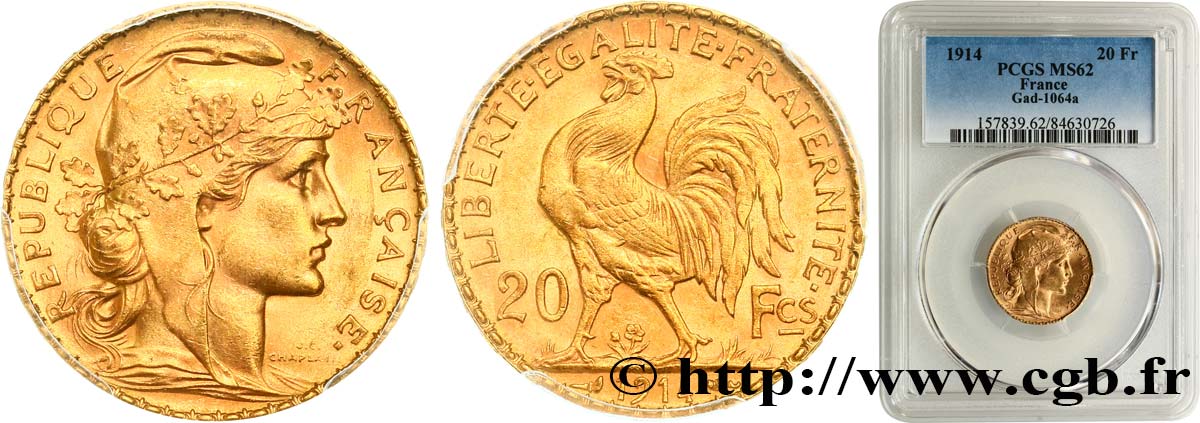 20 francs or Coq, Liberté Égalité Fraternité 1914 Paris F.535/8 MS62 PCGS