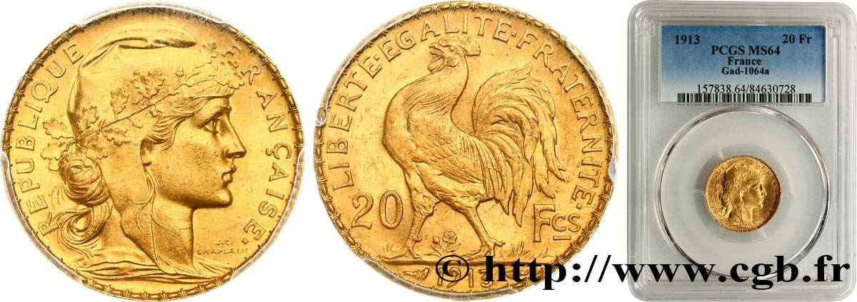 20 francs or Coq, Liberté Égalité Fraternité 1913 Paris F.535/7 MS64 PCGS