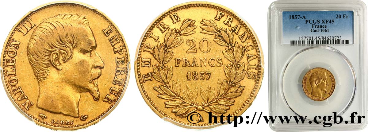 20 francs or Napoléon III, tête nue 1857 Paris F.531/12 XF45 PCGS