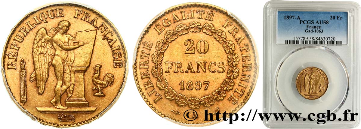 20 francs or Génie, Troisième République 1897 Paris F.533/22 AU58 PCGS