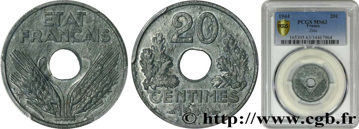 20 centimes État français, légère 1944  F.153A/2 fST63 PCGS