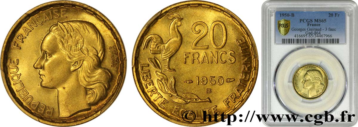 20 francs Georges Guiraud, 3 faucilles 1950 Beaumont-Le-Roger F.401/2 MS65 PCGS