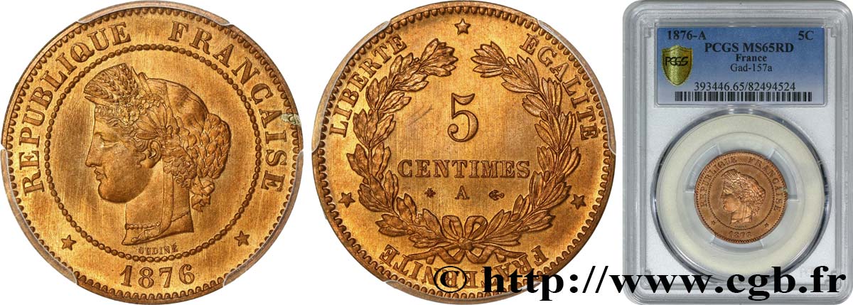 5 centimes Cérès 1876 Paris F.118/13 FDC65 PCGS