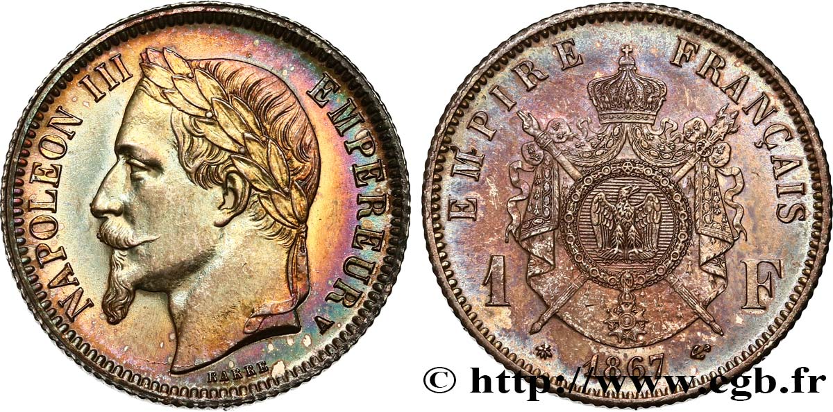 1 franc Napoléon III, tête laurée 1867 Paris F.215/6 SUP 