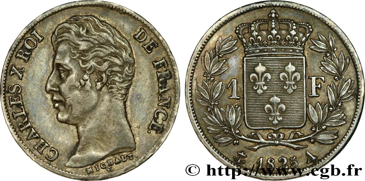 1 franc Charles X, matrice du revers à cinq feuilles 1825 Paris F.207/1 XF48 