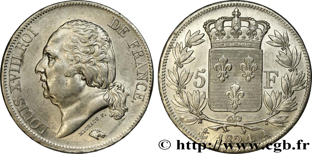 5 francs Louis XVIII, tête nue 1824 Paris F.309/88 SUP55 
