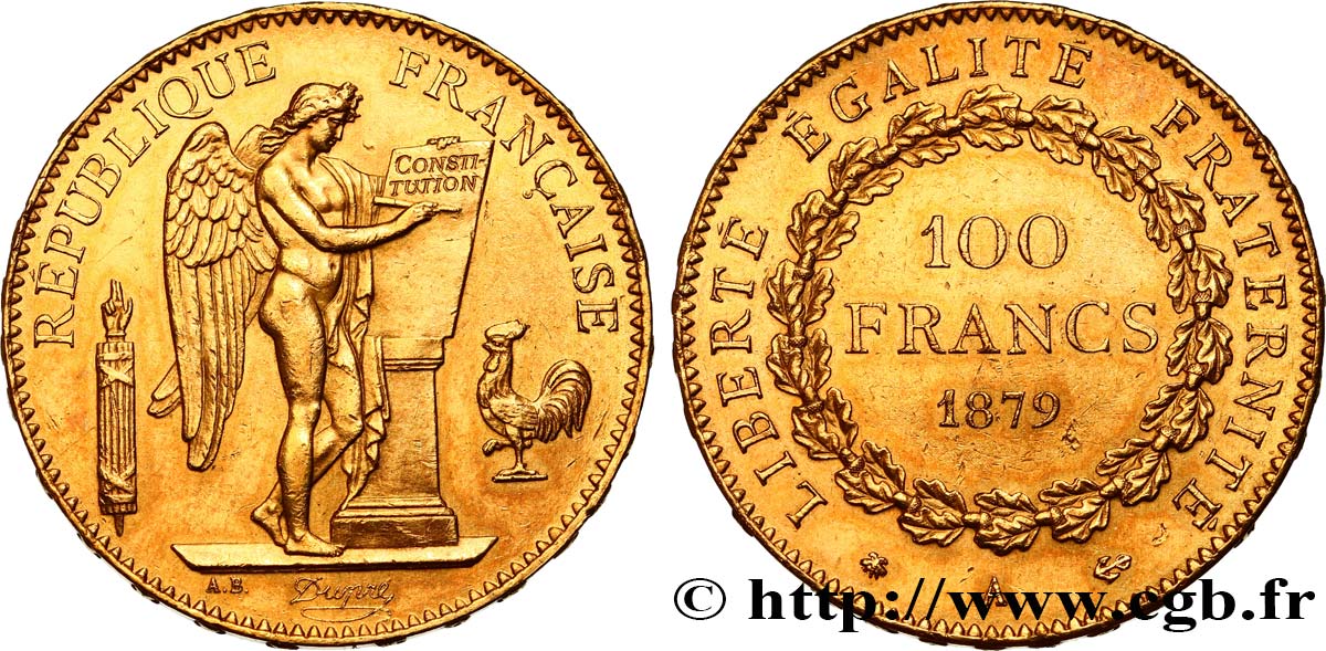 100 francs or Génie, tranche inscrite en relief Dieu protège la France 1879 Paris F.552/2 SUP55 