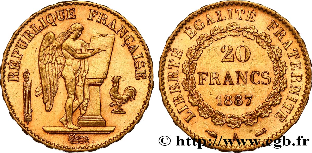 20 francs or Génie, Troisième République 1887 Paris F.533/10 AU55 