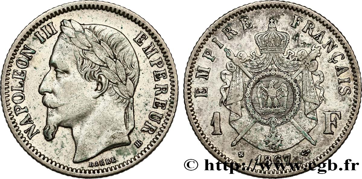 1 franc Napoléon III, tête laurée 1867 Strasbourg F.215/7 TB35