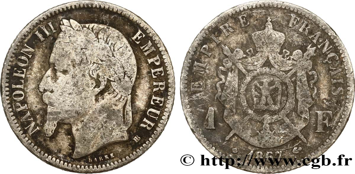1 franc Napoléon III, tête laurée 1867 Strasbourg F.215/7 B
