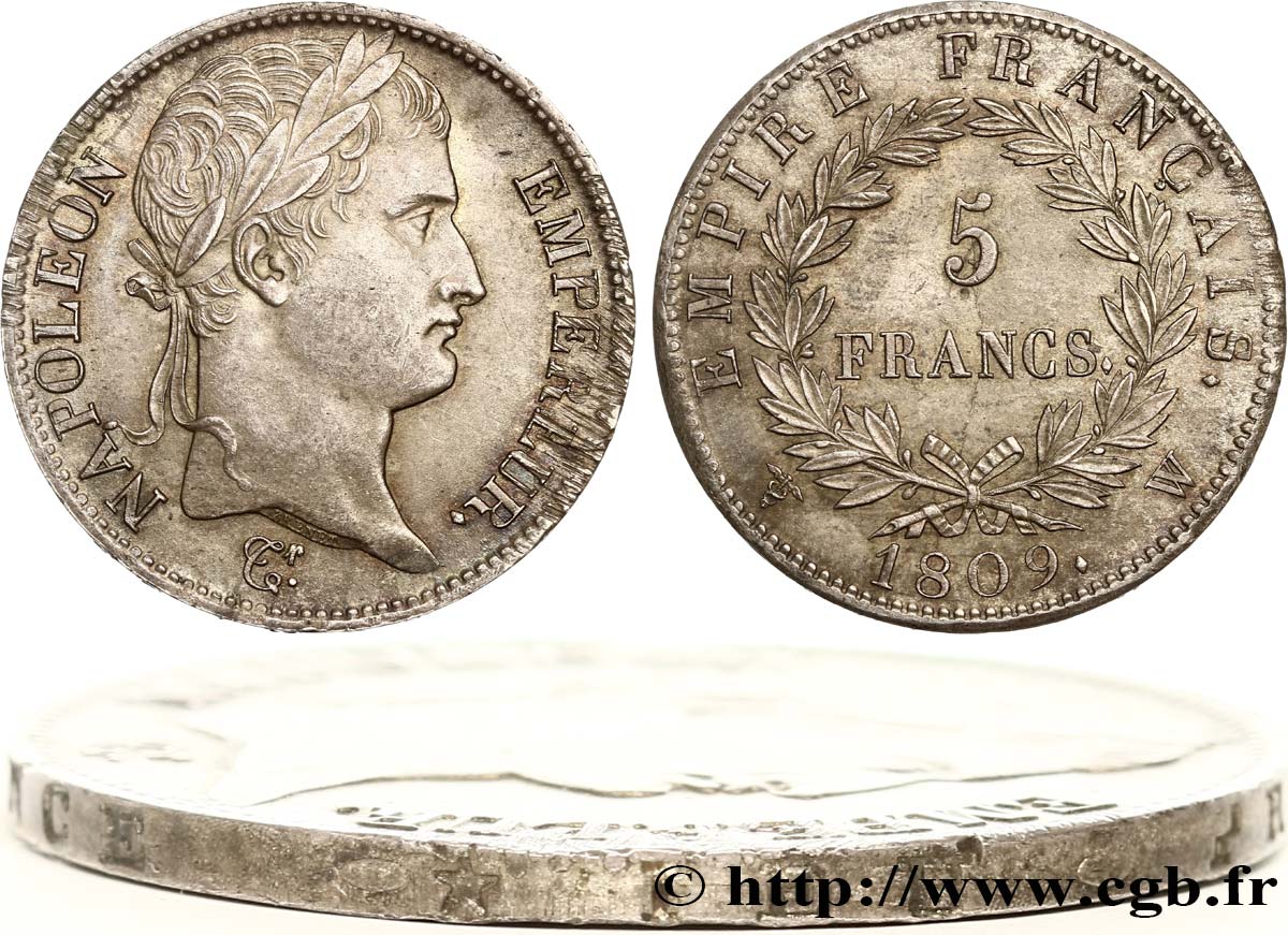 5 francs Napoléon Empereur, Empire français, Tranche Fautée en *IEU 1809 Lille F.307/13 AU58 