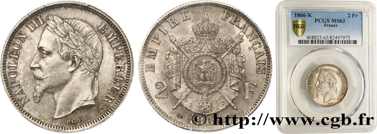 2 francs Napoléon III, tête laurée 1866 Bordeaux F.263/4 SPL63 PCGS