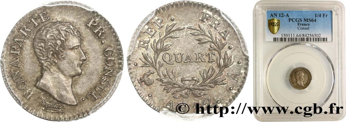 Quart (de franc) Bonaparte Premier Consul 1804 Paris F.157/1 MS64 PCGS