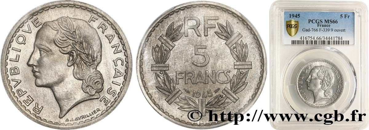 5 francs Lavrillier, aluminium 1945  F.339/3 FDC66 PCGS