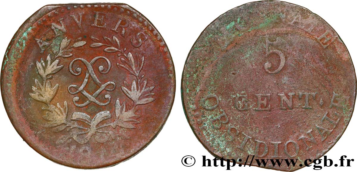 5 cent. Anvers au double L, frappe de l’arsenal de la marine 1814 Anvers F.115E/1 B10