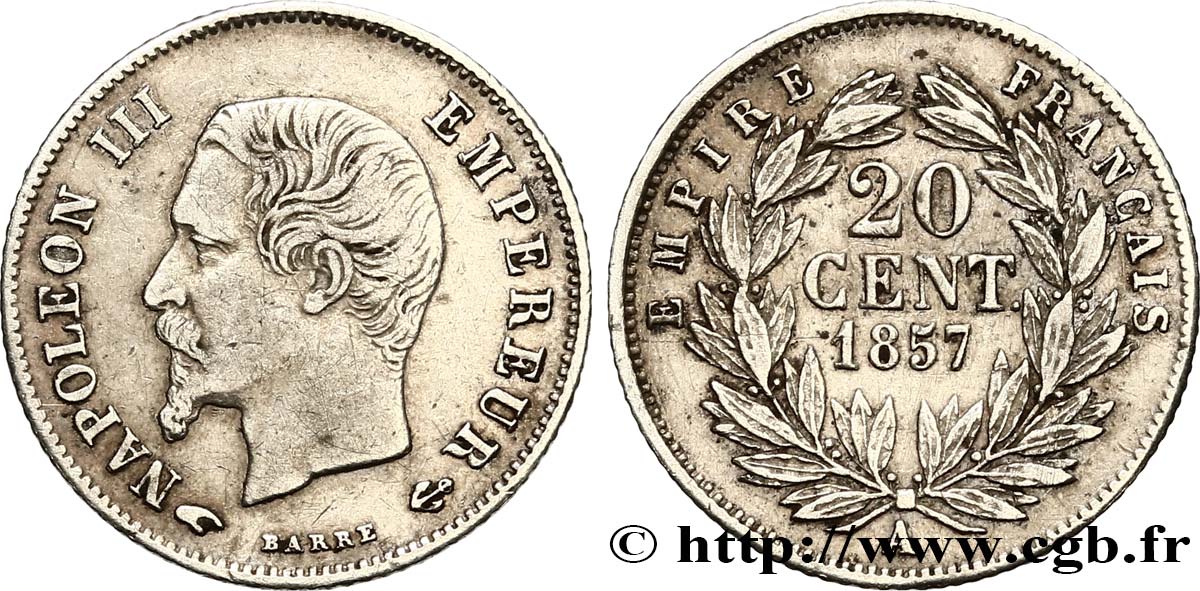 20 centimes Napoléon III, tête nue, Grands Différents 1857 Paris F.148/9 TB 