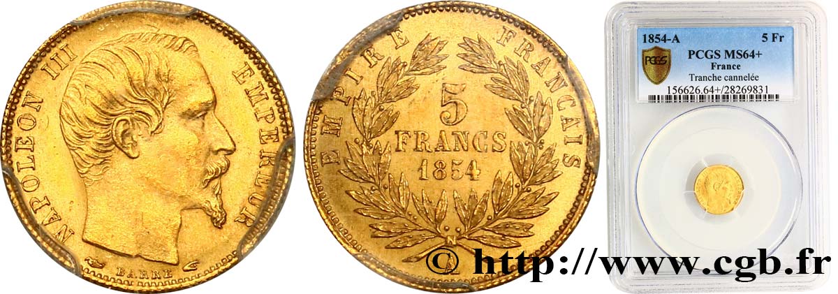 5 francs or Napoléon III, tête nue, petit module, tranche cannelée 1854 Paris F.500A/1 MS64 PCGS