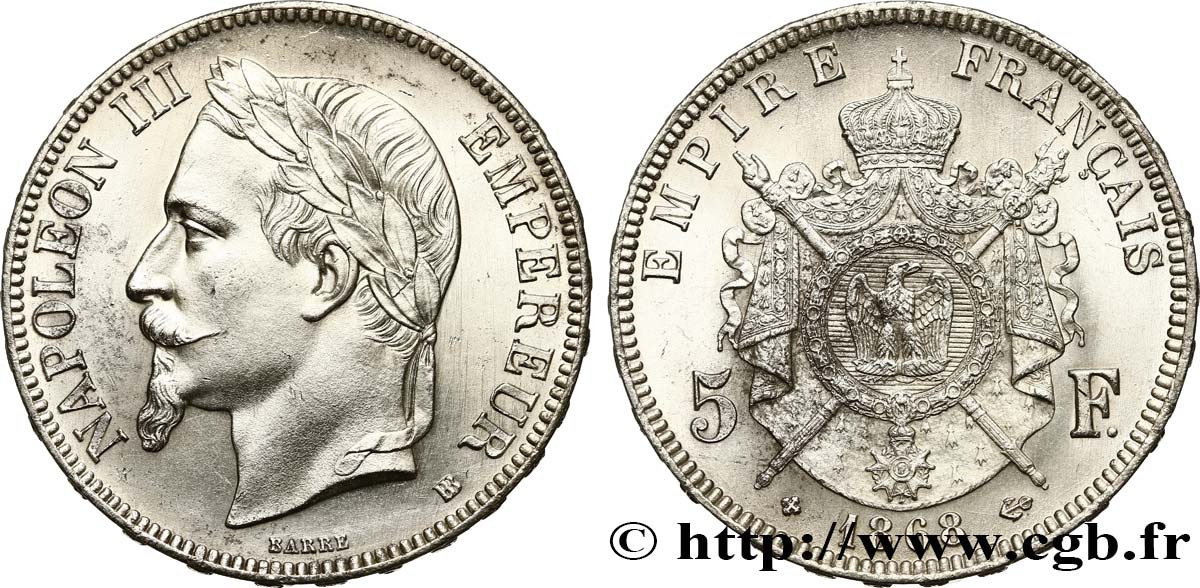 5 francs Napoléon III, tête laurée 1868 Strasbourg F.331/13 MS63 