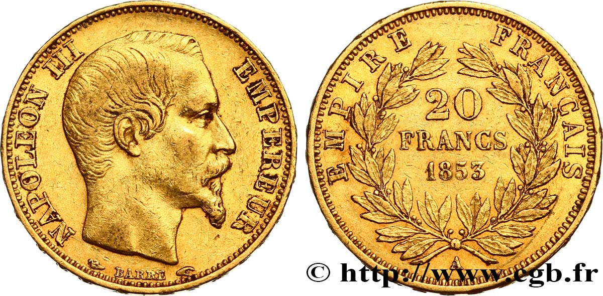 20 francs or Napoléon III, tête nue 1853 Paris F.531/1 XF45 