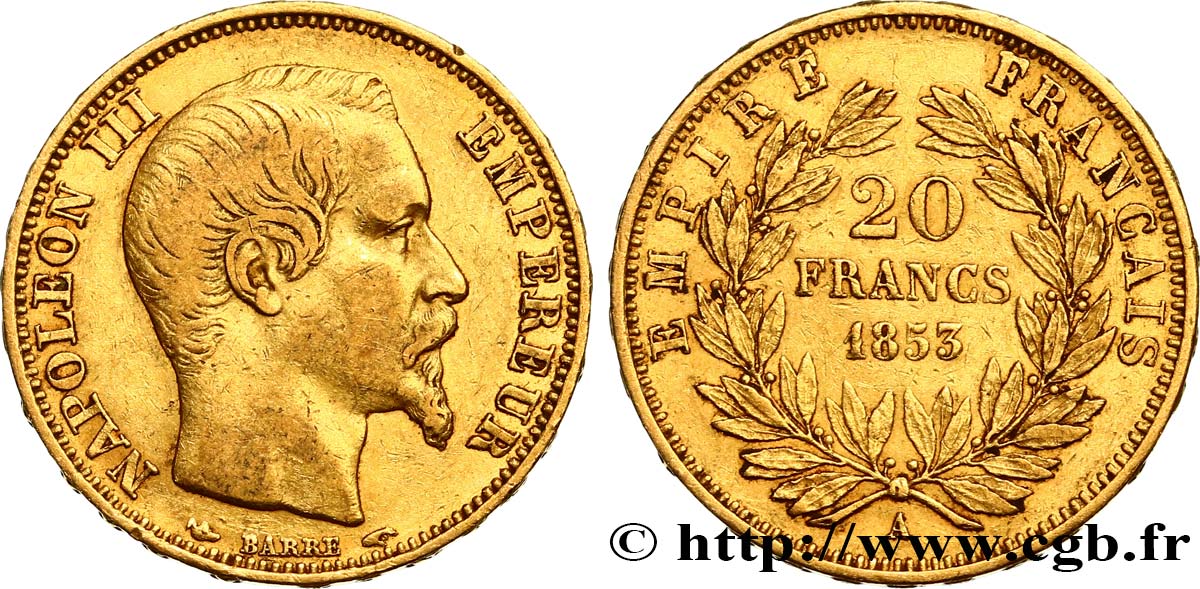 20 francs or Napoléon III, tête nue 1853 Paris F.531/1 XF42 