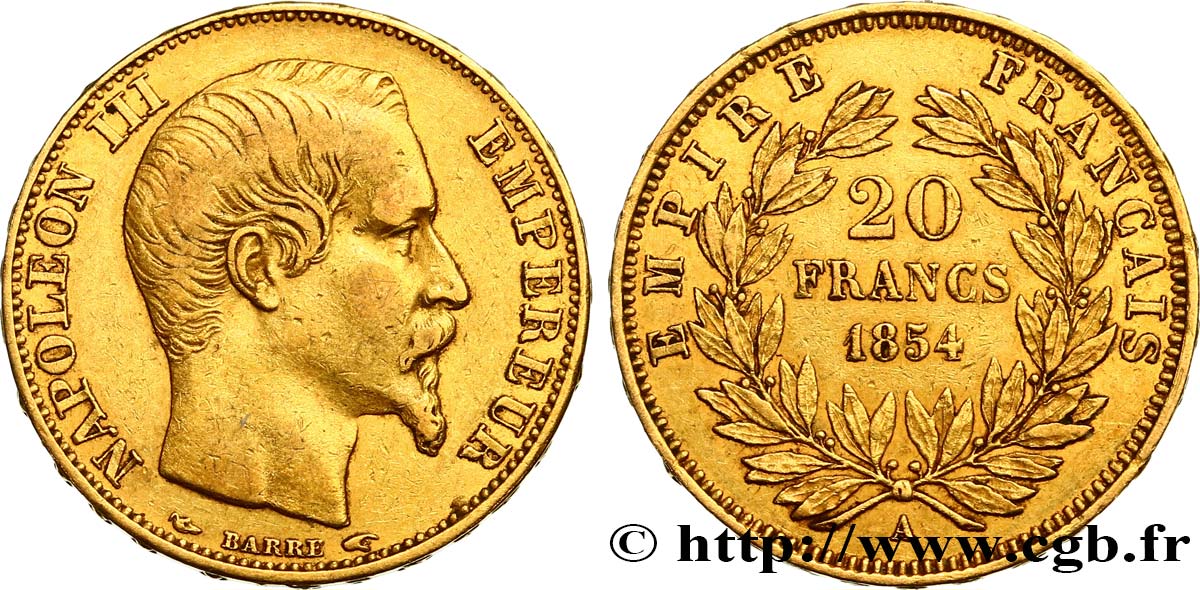 20 francs or Napoléon III, tête nue 1854 Paris F.531/2 XF45 