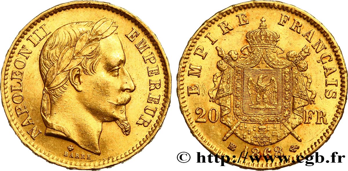 20 francs or Napoléon III, tête laurée 1868 Strasbourg F.532/19 AU52 