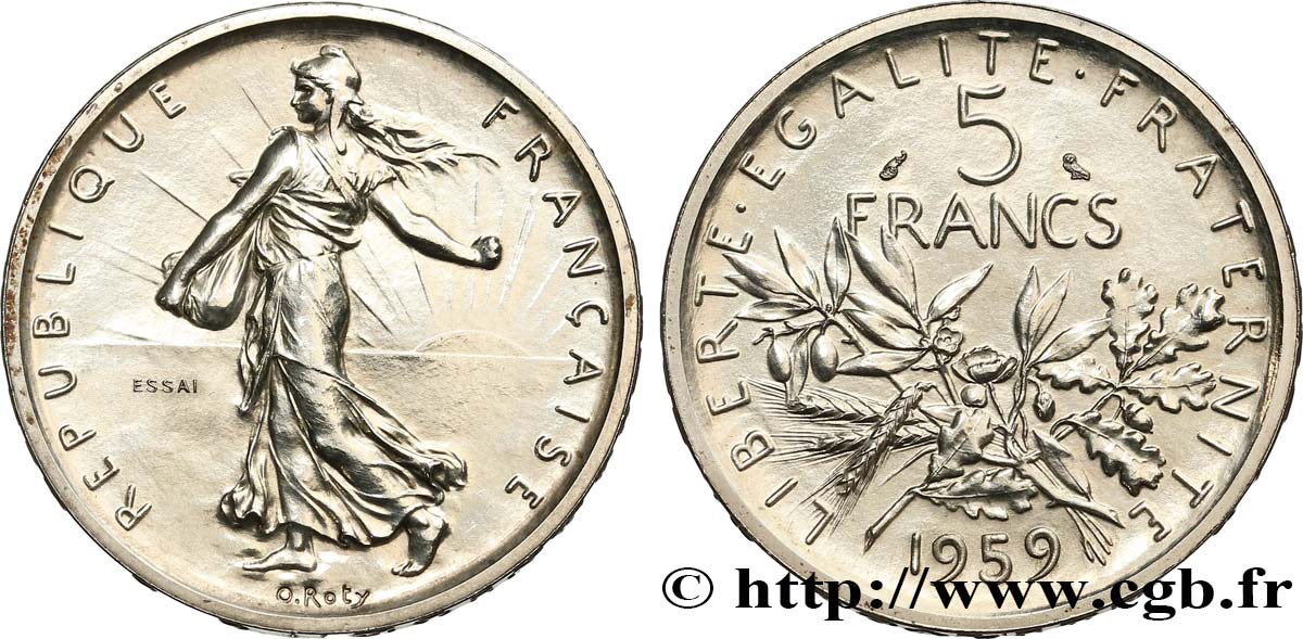 Essai de 5 francs Semeuse, argent, grand 5 1959 Paris F.340/1 MS62 