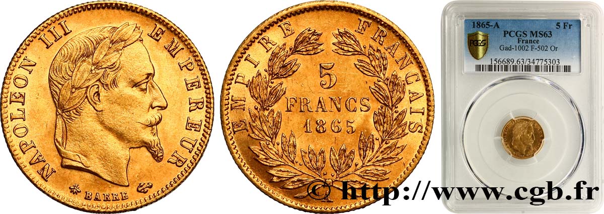 5 francs or Napoléon III, tête laurée 1865 Paris F.502/7 SPL63 PCGS