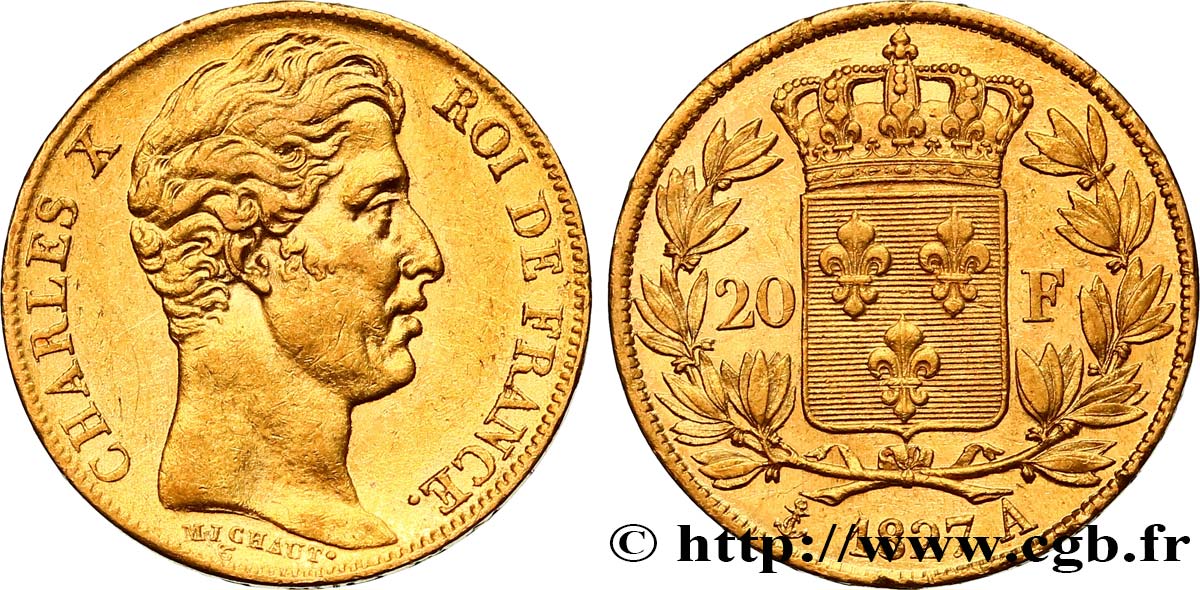 20 francs or Charles X 1827 Paris F.520/6 AU55 