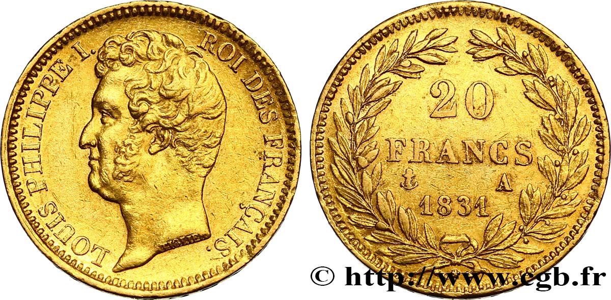 20 francs or Louis-Philippe, Tiolier, tranche inscrite en creux 1831 Paris F.524/2 XF48 