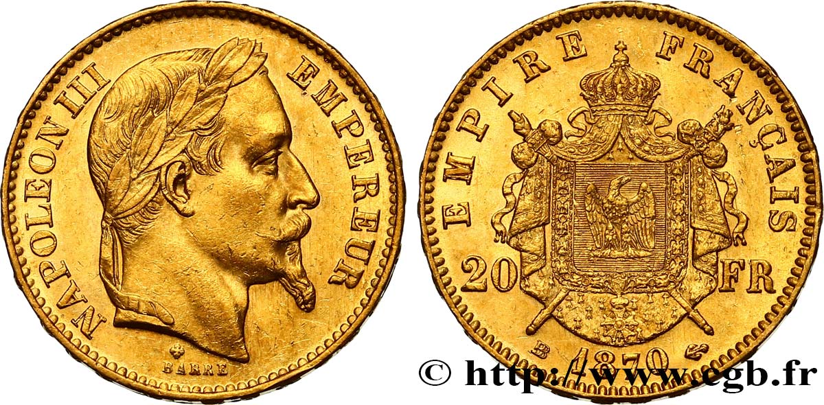 20 francs or Napoléon III, tête laurée 1870 Strasbourg F.532/24 AU58 
