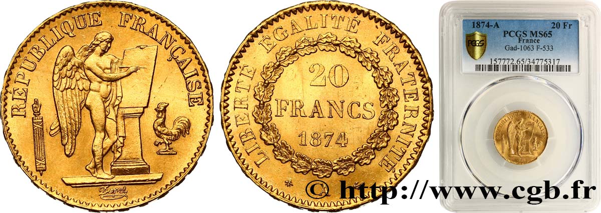 20 francs or Génie, Troisième République 1874 Paris F.533/2 FDC65 PCGS