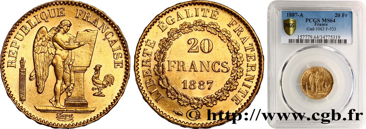 20 francs or Génie, Troisième République 1887 Paris F.533/10 SPL64 PCGS