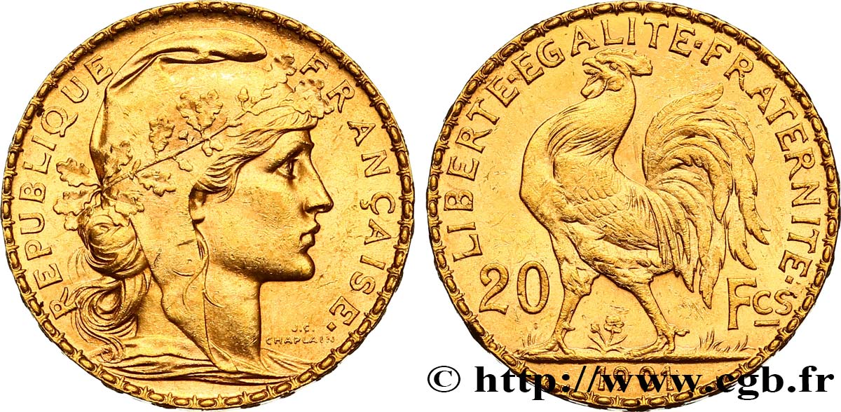 20 francs or Coq, Dieu protège la France 1901 Paris F.534/6 AU55 