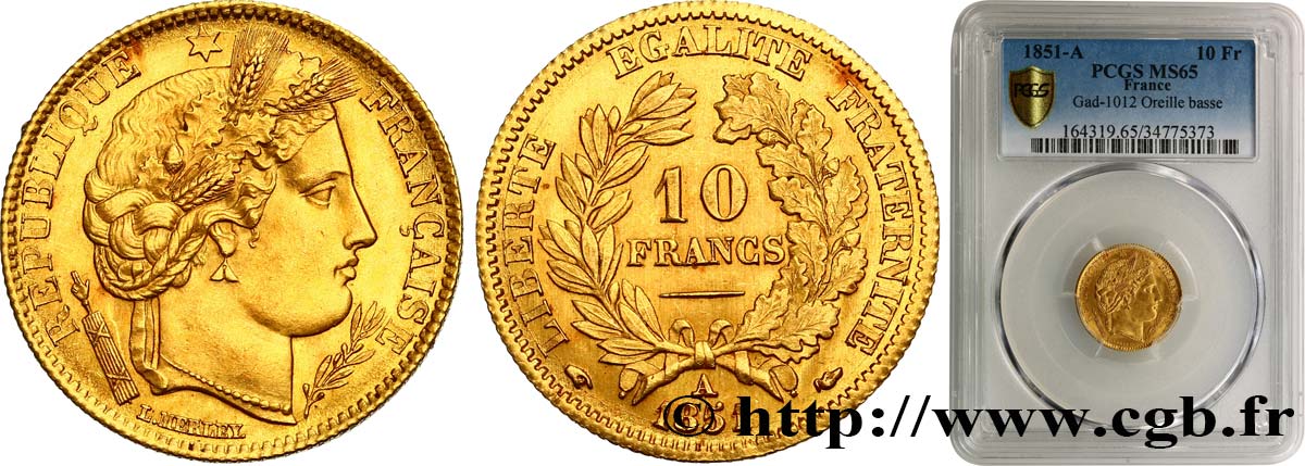 10 francs or Cérès, IIe République 1851 Paris F.504/3 FDC65 PCGS