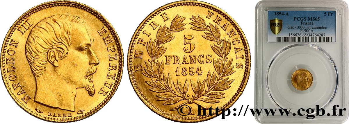 5 francs or Napoléon III, tête nue, petit module, tranche cannelée 1854 Paris F.500A/1 FDC65 PCGS
