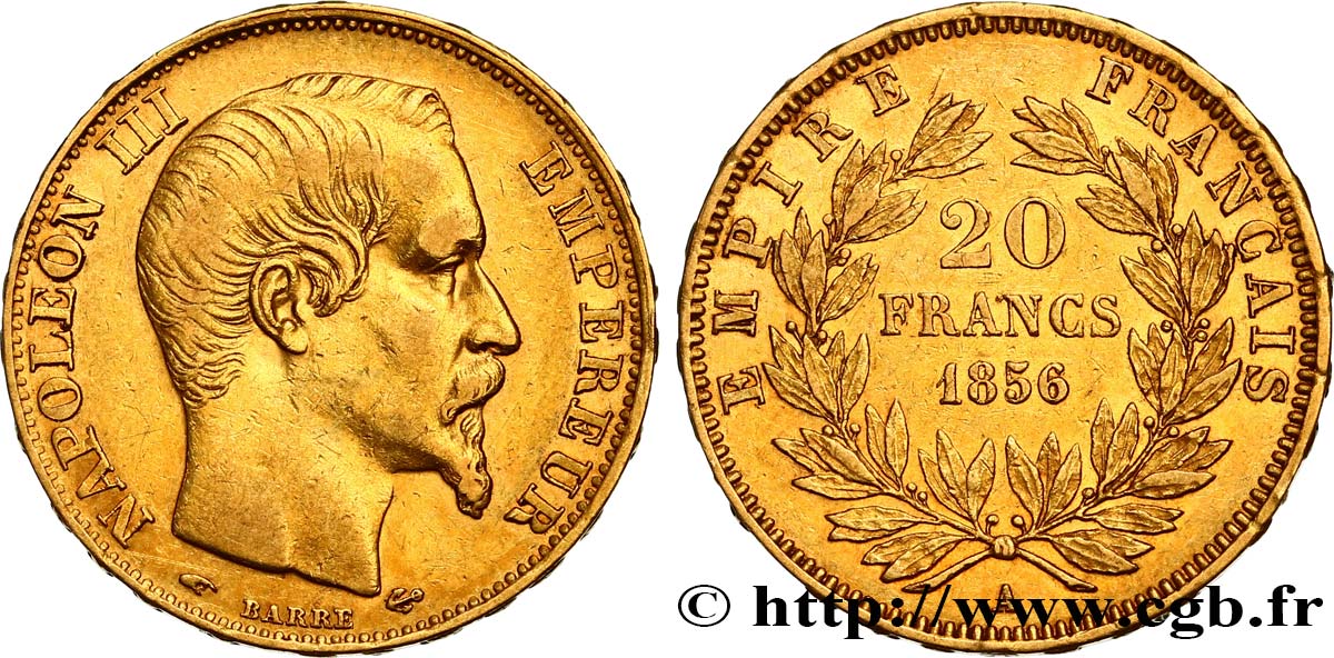 20 francs or Napoléon III, tête nue 1856 Paris F.531/9 XF45 