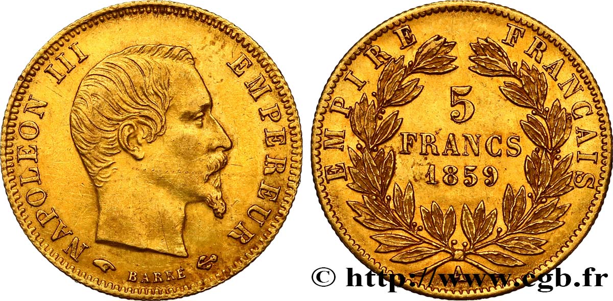 5 francs or Napoléon III, tête nue, grand module 1859 Paris F.501/7 AU52 