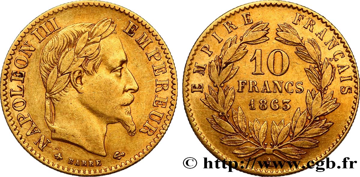 10 francs or Napoléon III, tête laurée, type définitif à grand 10 1863 Paris F.507A/3 XF40 
