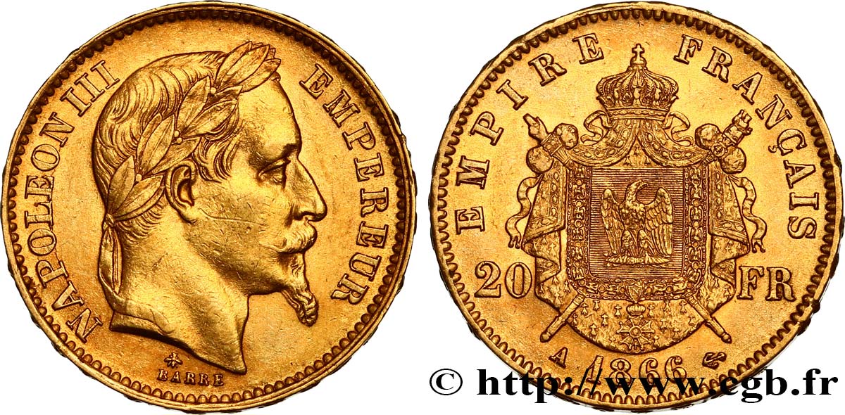20 francs or Napoléon III, tête laurée 1866 Paris F.532/13 AU52 
