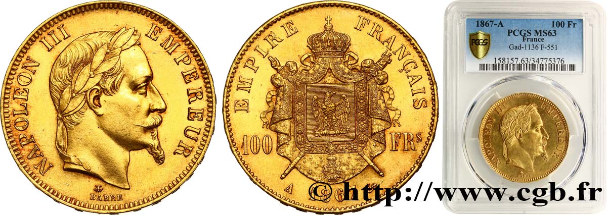 100 francs or Napoléon III, tête laurée 1867 Paris F.551/8 SPL63 PCGS