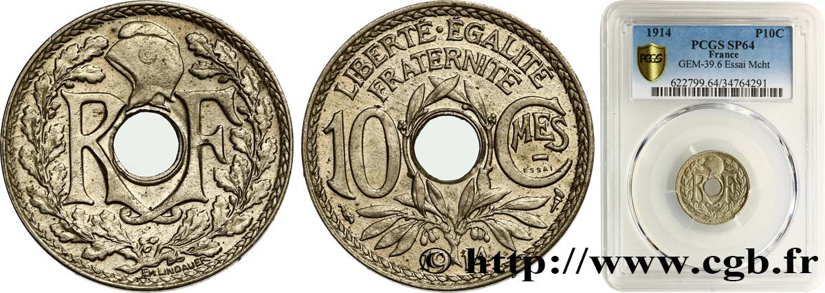 Essai de 10 centimes Lindauer, Cmes souligné, Maillechort, poids léger 1914 Paris GEM.39 6 var. SC64 PCGS