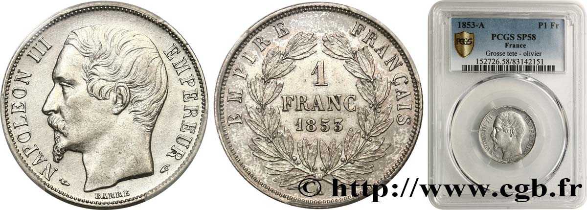 1 franc Napoléon III, grosse tête 1853 Paris F.213/1 AU58 PCGS