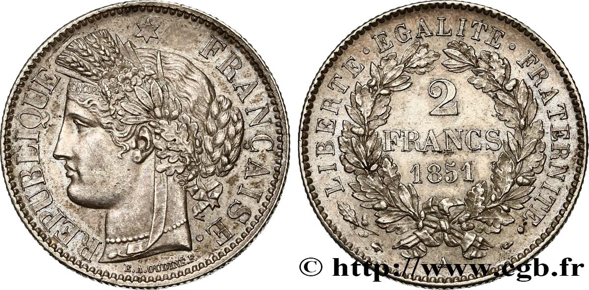 2 francs Cérès, IIe République 1851  Paris F.261/7 AU55 