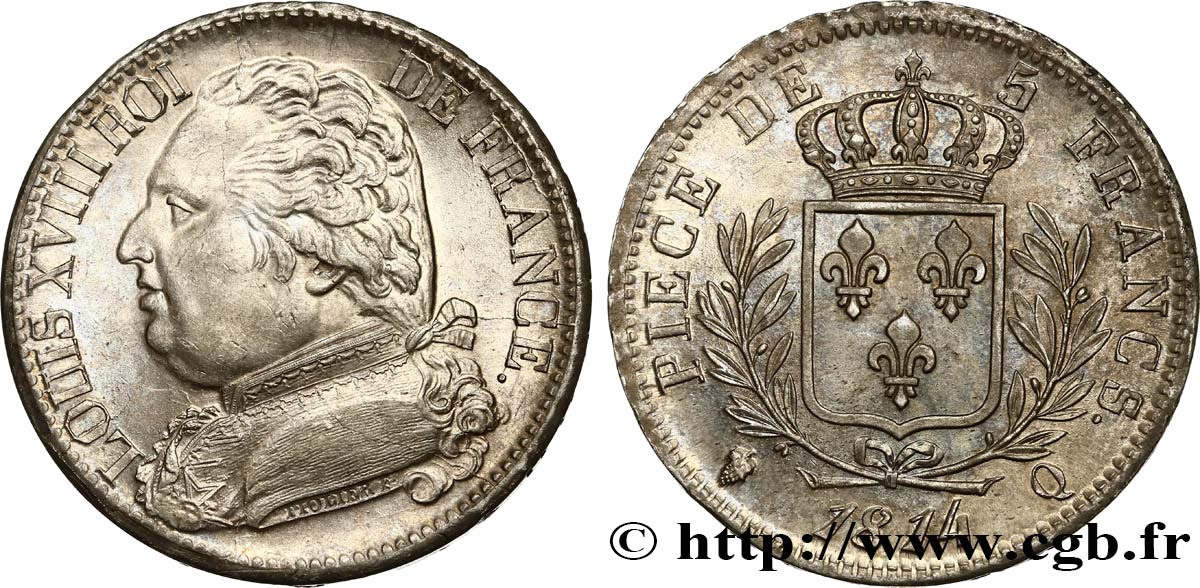 5 francs Louis XVIII, buste habillé 1814 Perpignan F.308/11 SUP62 