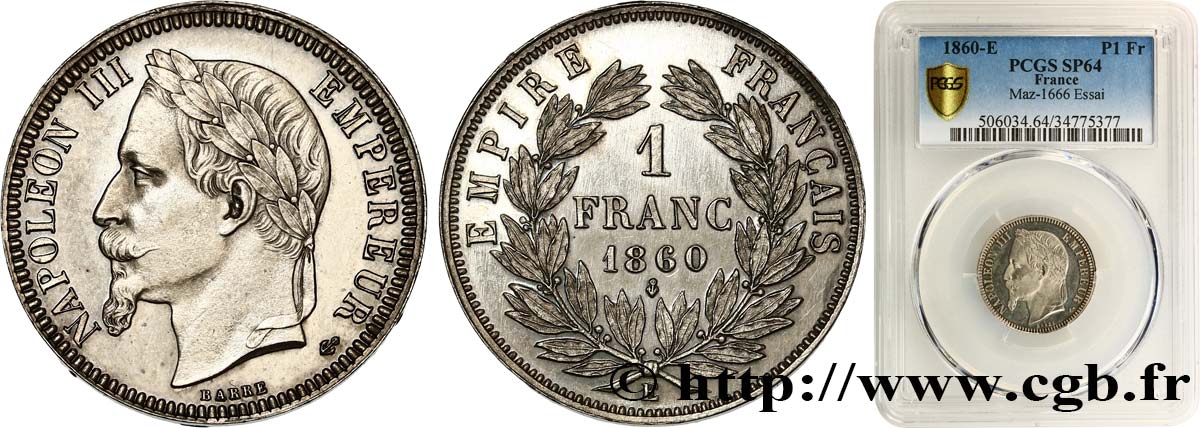 Essai 1 franc Napoléon III, tête laurée par Barre 1860 Paris VG.3561  SPL64 PCGS
