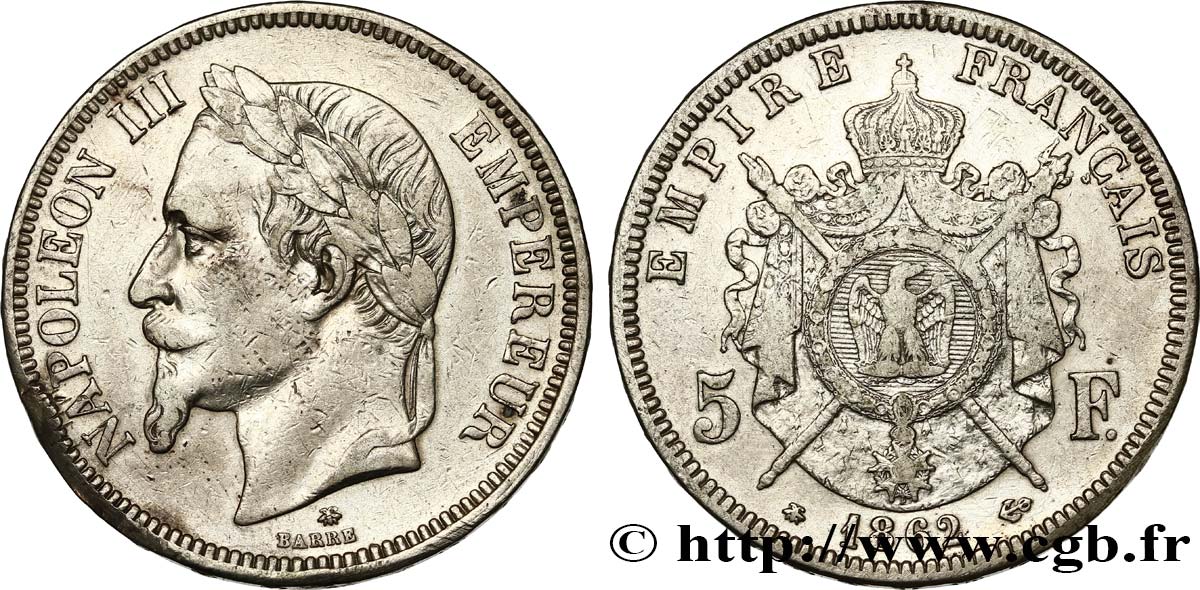 5 francs Napoléon III, tête laurée 1862 Paris F.331/4 VF 