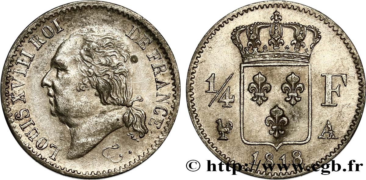 1/4 franc Louis XVIII 1818 Paris F.163/12 AU52 