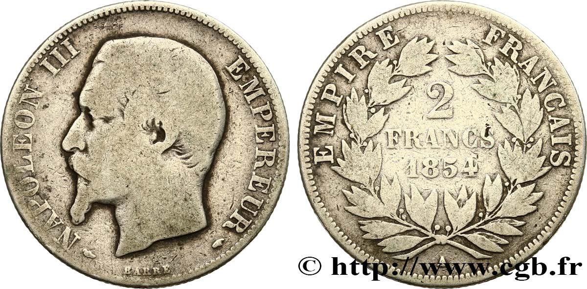 2 francs Napoléon III, tête nue 1854 Paris F.262/2 VG10 