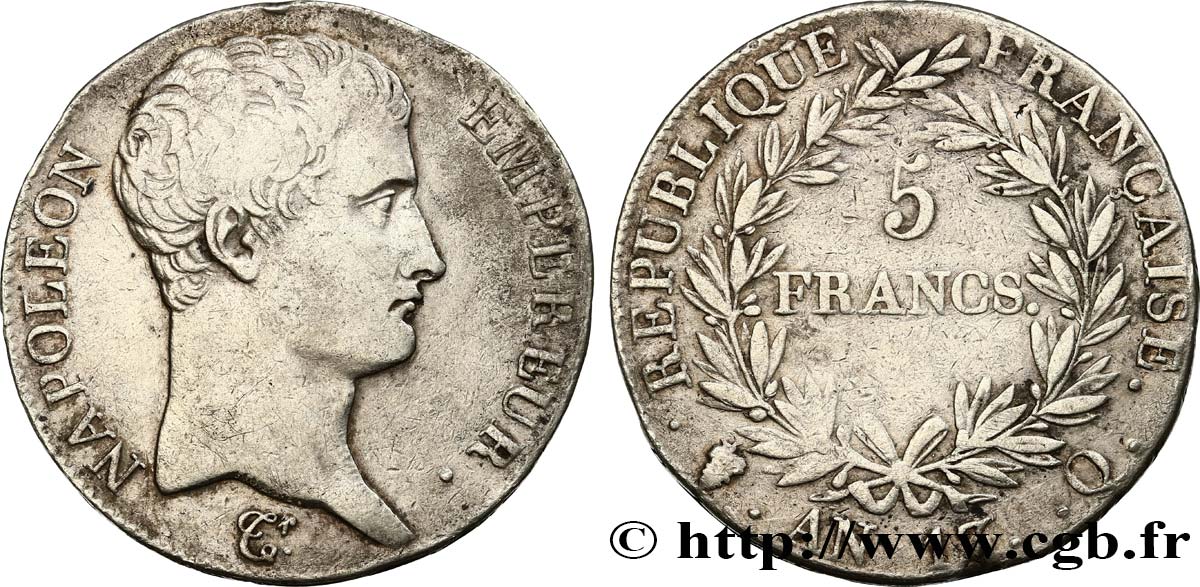 5 francs Napoléon Empereur, Calendrier révolutionnaire 1805 Perpignan F.303/15 VF35 